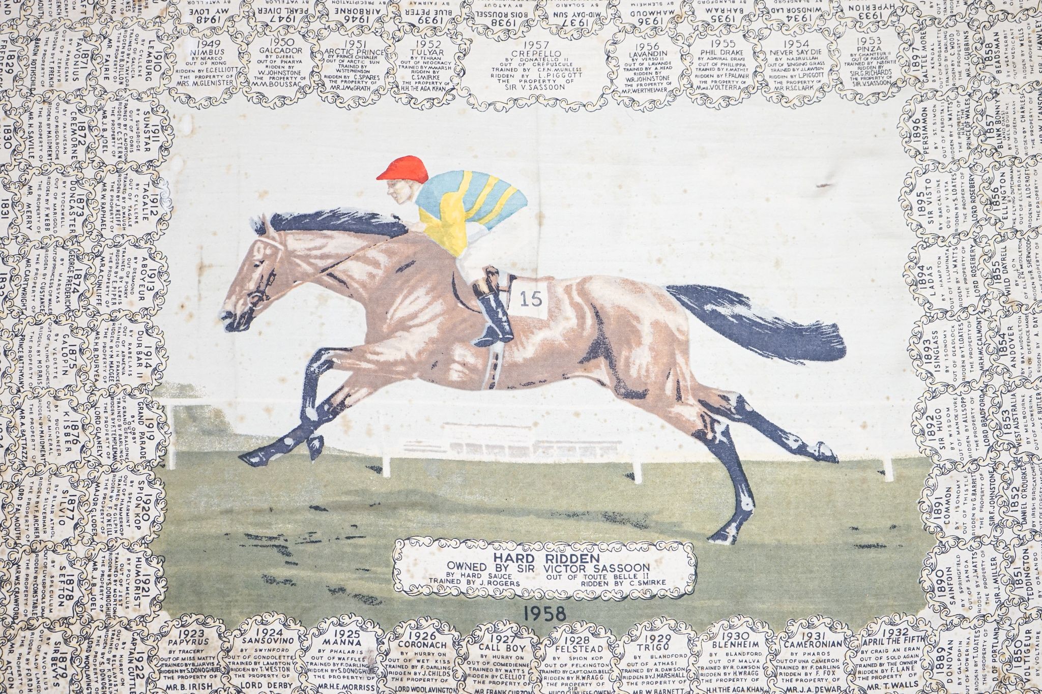 A winners of the Derby silk scarf 1958 85cm square
